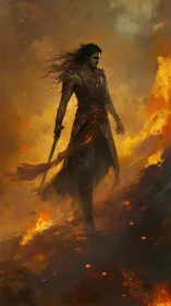 Warrior strides through rising firestorm on burning slope