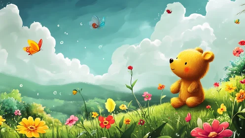 Cartoon bear sits in flower field under cloudy sky