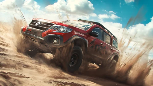 Off-road SUV drifts through desert sand with dynamic motion blur