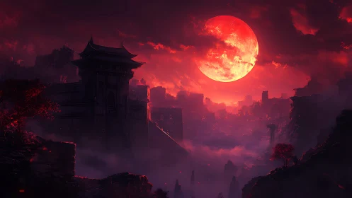 Digital painting of red moonlit fortress in misted ravine.