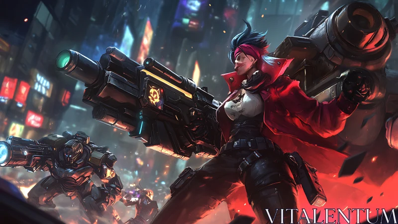 Fearless futuristic heroine stands strong in a neon city battle.