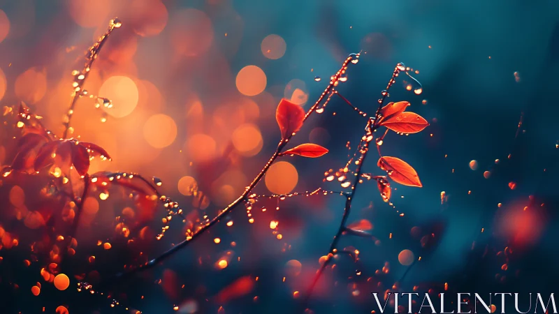 Glowing raindrops illuminate red leaves against teal dusk
