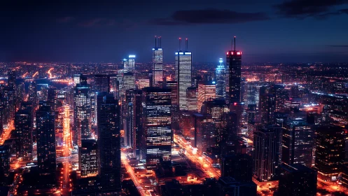 High-rise city skyline at night with illuminated streets.