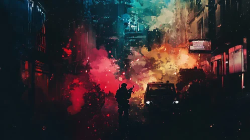 Lone figure walking through neon smoke in a tense city street.