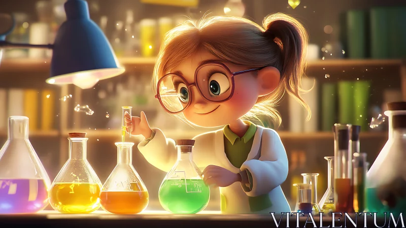 Curious child scientist joyfully experiments in a glowing lab