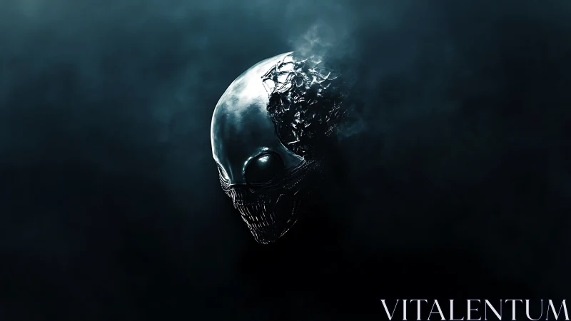Metallic alien skull emerging from dark atmospheric void.