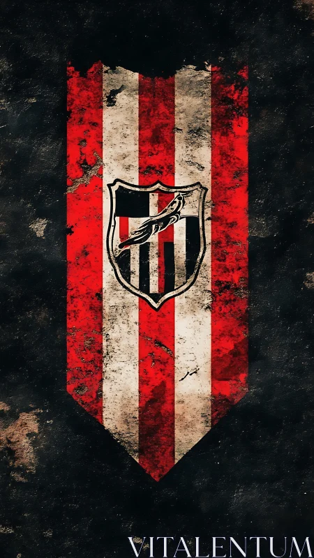 Weathered red white pennant banner with central shield emblem.