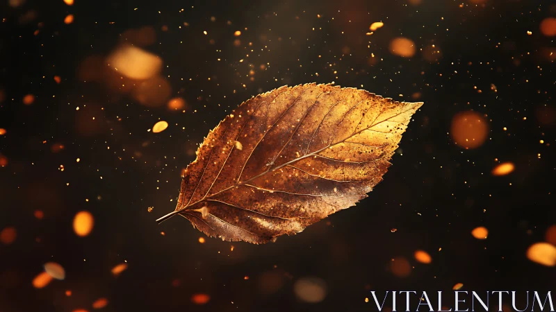 Macro autumn leaf in warm bokeh suspension, photorealistic detail.