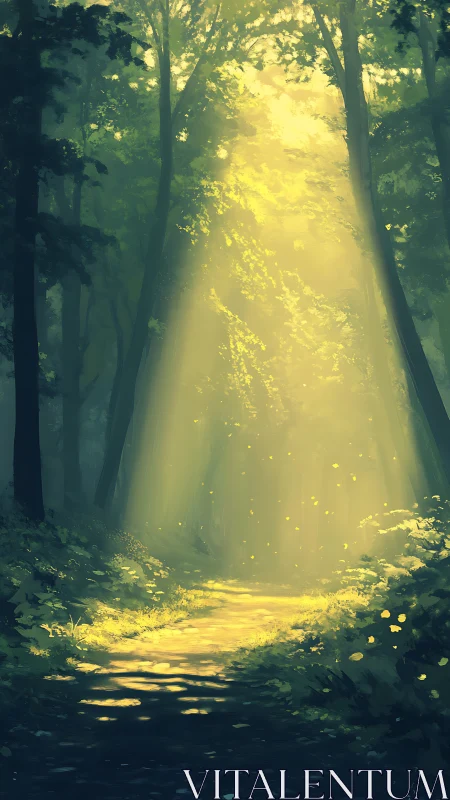 Luminous Forest Pathway with Golden Sunlight Penetrating Dense Canopy