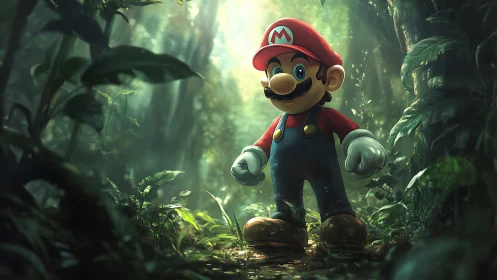 Mario navigates emerald jungle corridor with divine light.