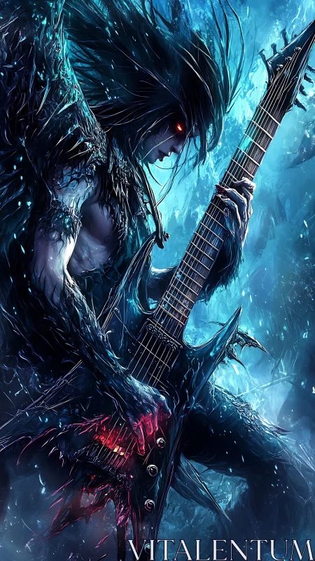 Demonic frost guitarist shreds riffs in a storm of blue fire.