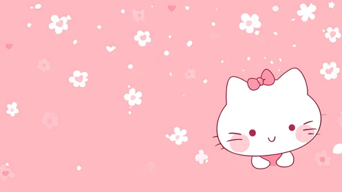 Cute white cartoon cat smiles on soft pink floral background