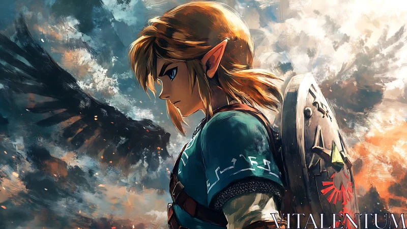 Heroic elf warrior stands solemnly before stormlit skies.