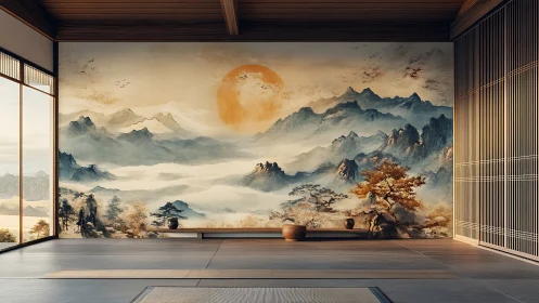 Zen interior integrates panoramic ink-wash mountain mural wall