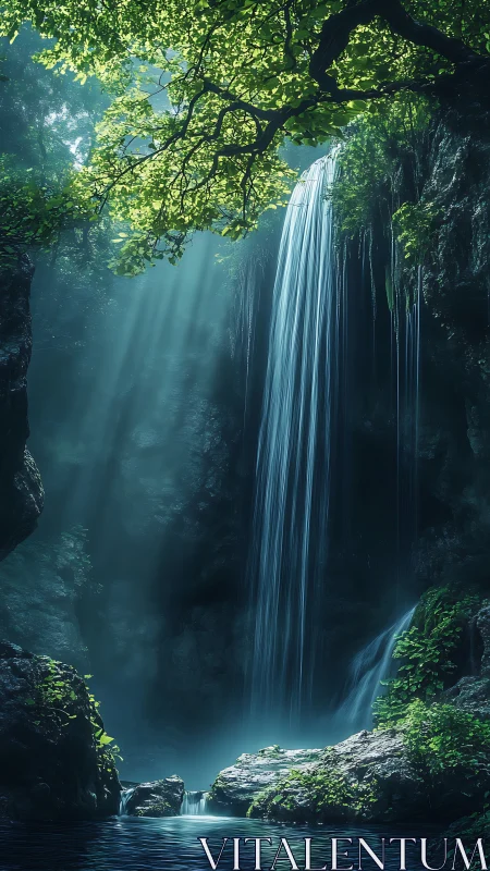 Luminous forest waterfall with cascading light beams.