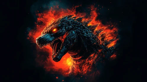 Fiery kaiju roars against darkness in blazing inferno glow