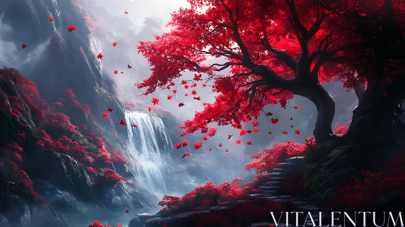 Crimson maple grove overlooking misted mountain falls.