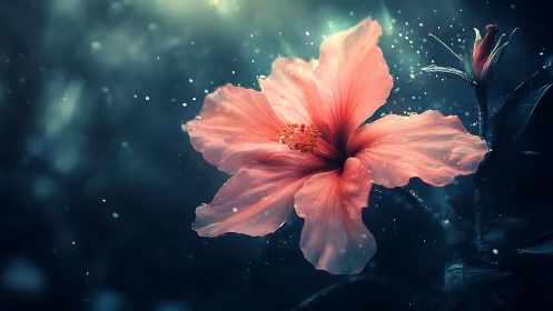 Luminescent Hibiscus: Ethereal Floral Form Suspended in Bokeh-Rendered Nocturnal Setting.