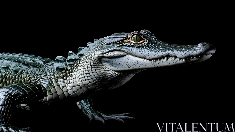 Side profile of detailed crocodile on black background.