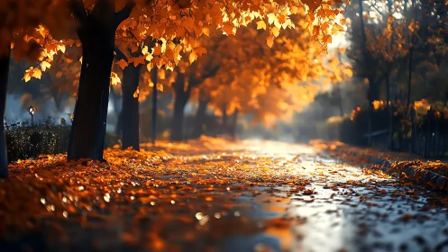 Tree-lined path with dense autumn foliage and wet surface