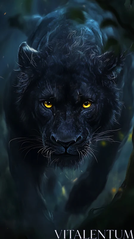Black Panther Portrait with Luminous Eyes in Moody Atmosphere.