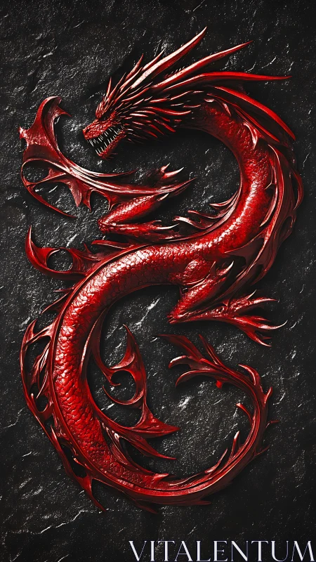 Coiled crimson dragon glows proudly against dark stone