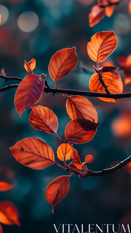 Autumn leaves glow against deep teal bokeh background.