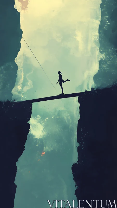 Courageous silhouette balances softly on a narrow cliff bridge
