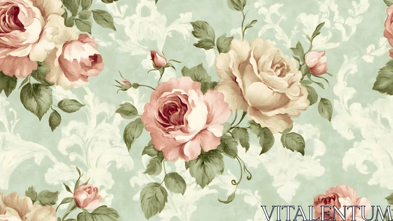 Vintage roses bloom across soft mint damask wallpaper pattern.
