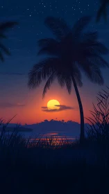 Tropical palm silhouette against vivid sunset moonlit bay.