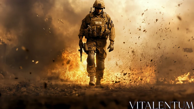 Combat soldier strides through explosive battlefield inferno.