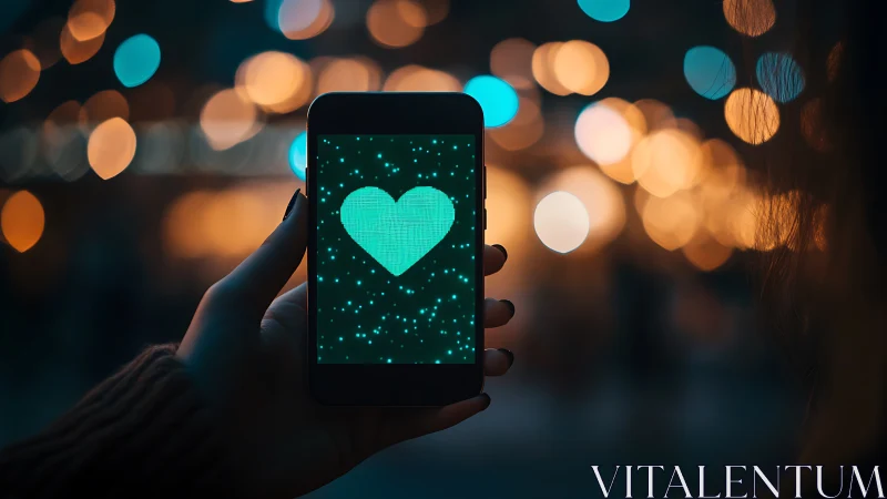 Smartphone display with heart icon against bokeh lights.