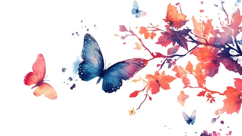 Butterflies move near stylized watercolor foliage on white