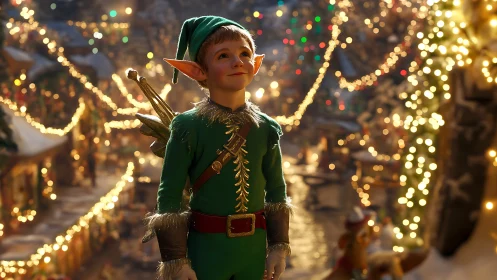 Young elf character in green costume under festive lights.