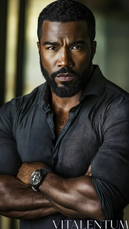 Bearded man in dark shirt with folded arms, neutral setting.