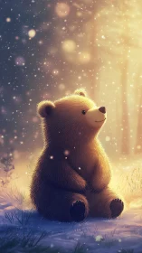 Gentle bear cub enjoys a glowing winter snowfall moment
