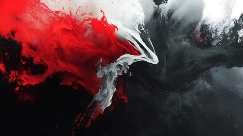 Dynamic red, white and black abstract fluid collision study.