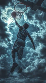 Skyward slam dunk against dramatic storm clouds.