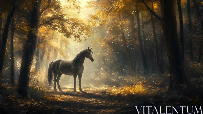White horse standing in sunlit autumn forest path.