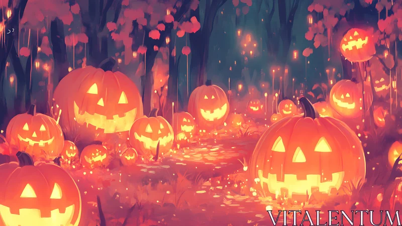 Glowing jack-o-lantern forest trail sparkles with Halloween magic