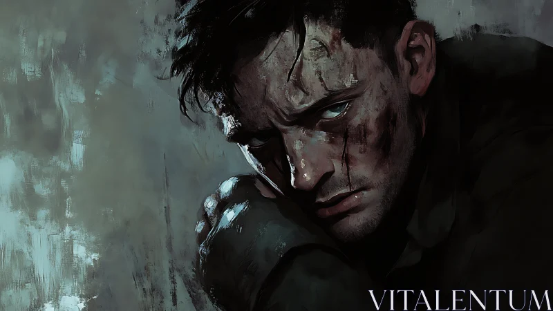 Wounded man resting against arm in muted digital portrait.