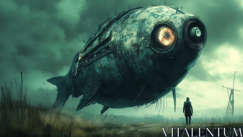 Giant rusted fish-shaped airship confronts lone figure