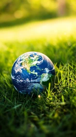 Miniature Earth globe resting on green grass outdoors.