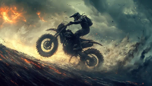 Storm-surfing rider claws a burning horizon on steel tides