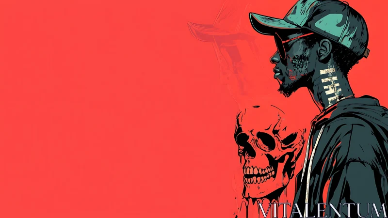 Side-profile man with skull illustration on red background