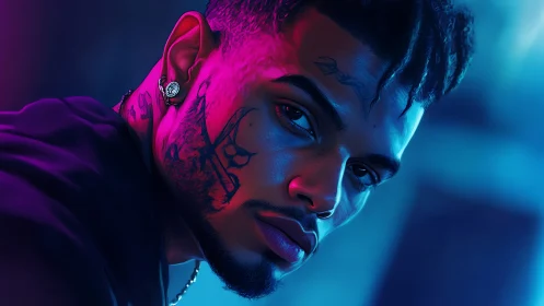 Male portrait in neon lighting with facial tattoos and jewelry.