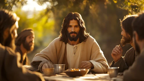 Warm-lit biblical-style table gathering in shallow depth field.