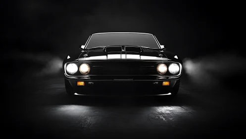 Low-key frontal render of classic muscle car with directional beams