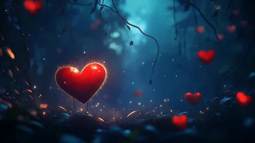 Glowing Heart in Darkened Forest Environment.