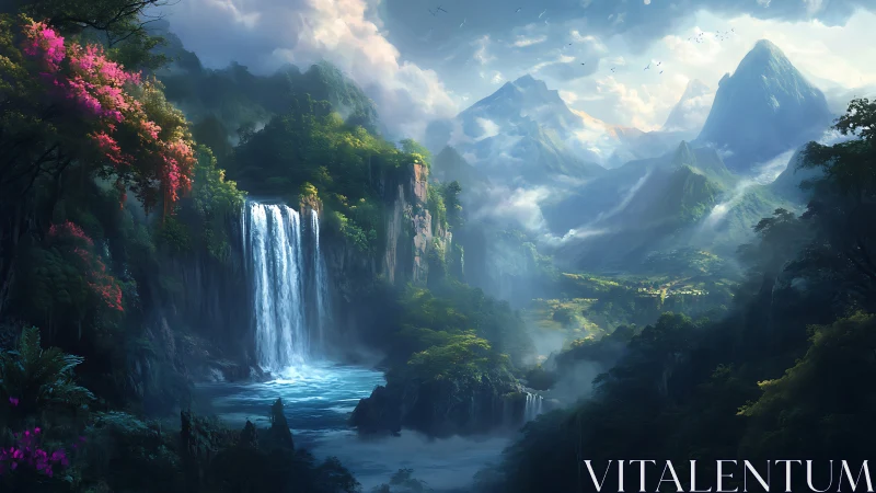 Emerald cascades and mythic mountains in dreamlit valley.